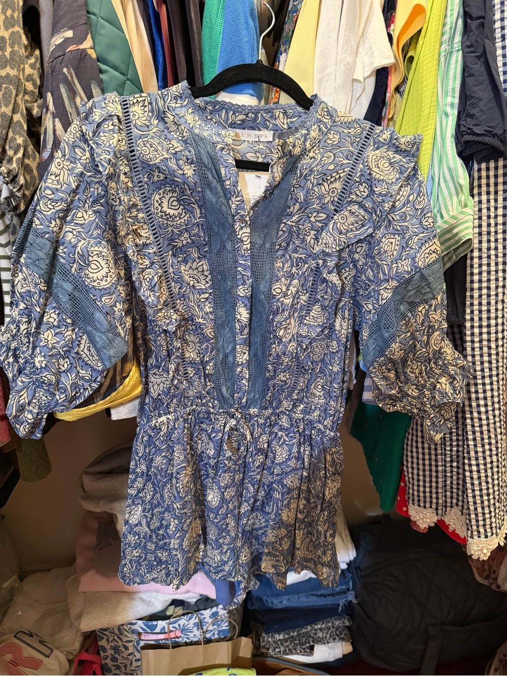 Blue Paisley Peasant Romper with Lace Trim